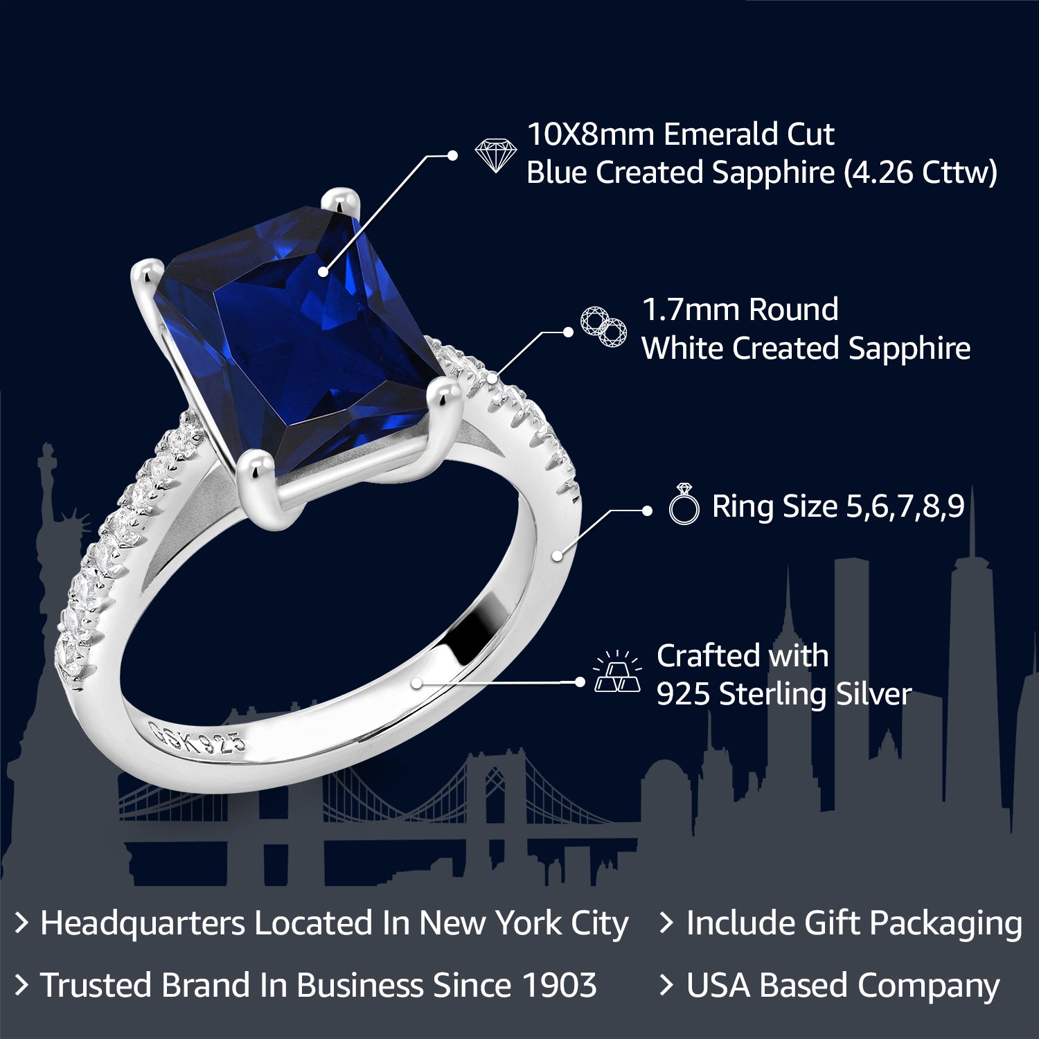 925 Sterling Silver Blue and White Created Sapphire Engagement Ring For Women (4.26 Cttw, Available in size 5, 6, 7, 8, 9)