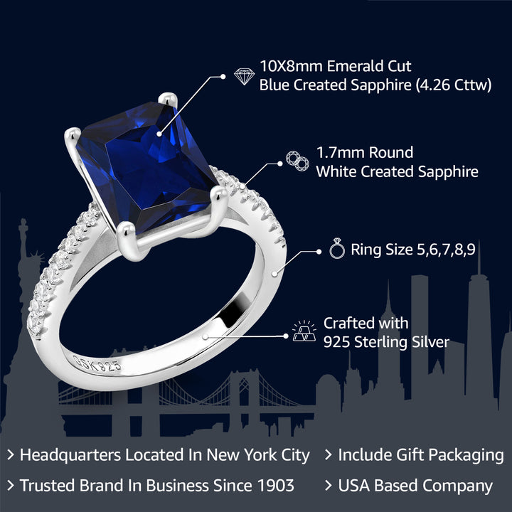 925 Sterling Silver Blue and White Created Sapphire Engagement Ring For Women (4.26 Cttw, Available in size 5, 6, 7, 8, 9)