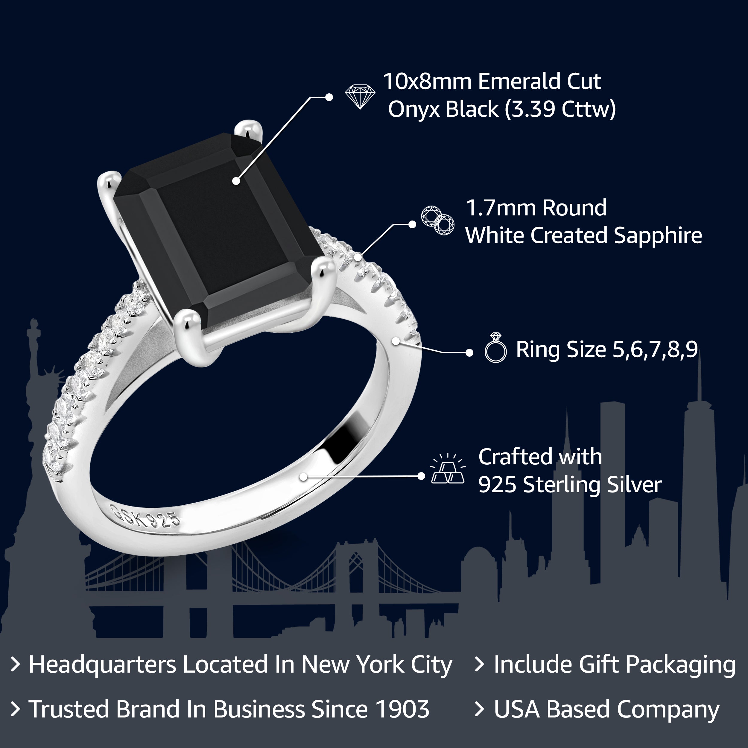 3.39 Cttw Black Onyx and White Created Sapphire Wedding Engagement Ring For Women In 925 Sterling Silver | Gemstone Birthstone | 10X8MM Emerald Cut | Available In Size 5, 6, 7, 8, 9