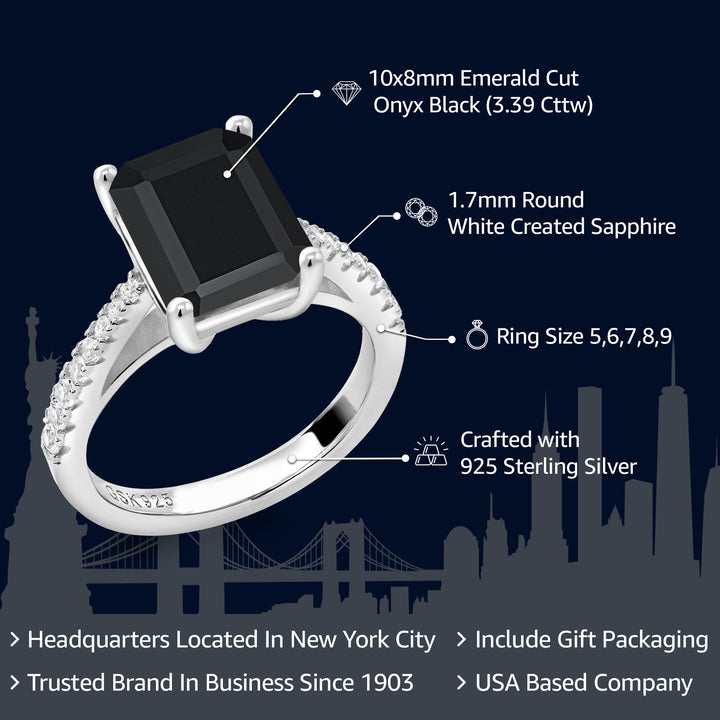 3.39 Cttw Black Onyx and White Created Sapphire Wedding Engagement Ring For Women In 925 Sterling Silver | Gemstone Birthstone | 10X8MM Emerald Cut | Available In Size 5, 6, 7, 8, 9