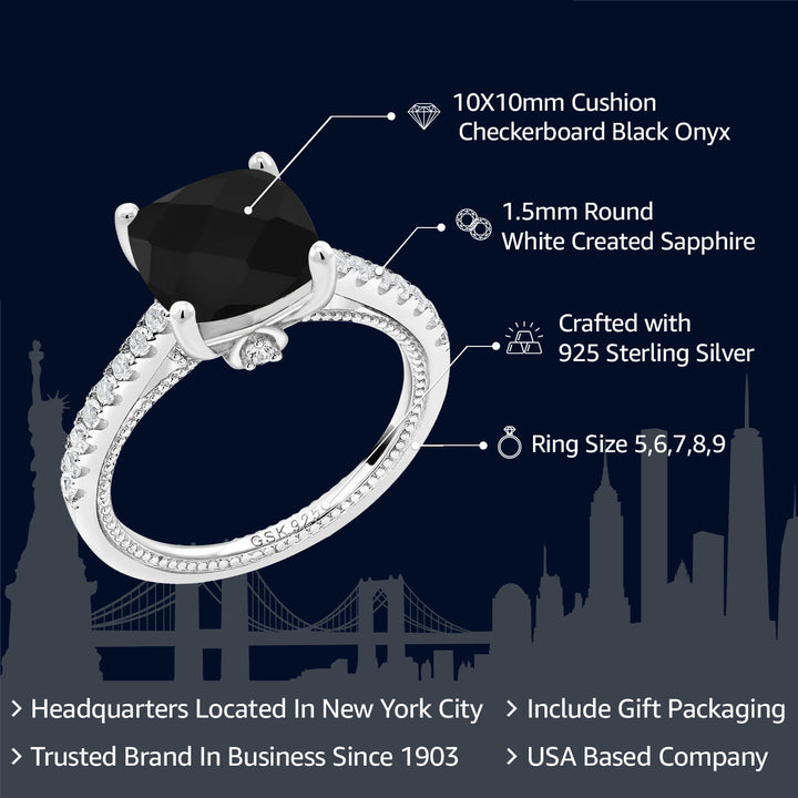 4.07 Cttw Black Onyx and White Created Sapphire Engagement Ring For Women In 925 Sterling Silver | Cushion Checkerboard Cut 10MM | Gemstone Birthstone | Available In Size 5-9