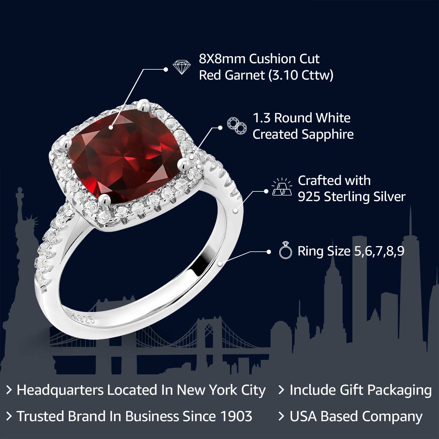 925 Sterling Silver Red Garnet and White Created Sapphire Ring For Women (3.10 Cttw, Cushion Cut 8MM, Gemstone Birthstone, Available In Size 5,6,7,8,9)