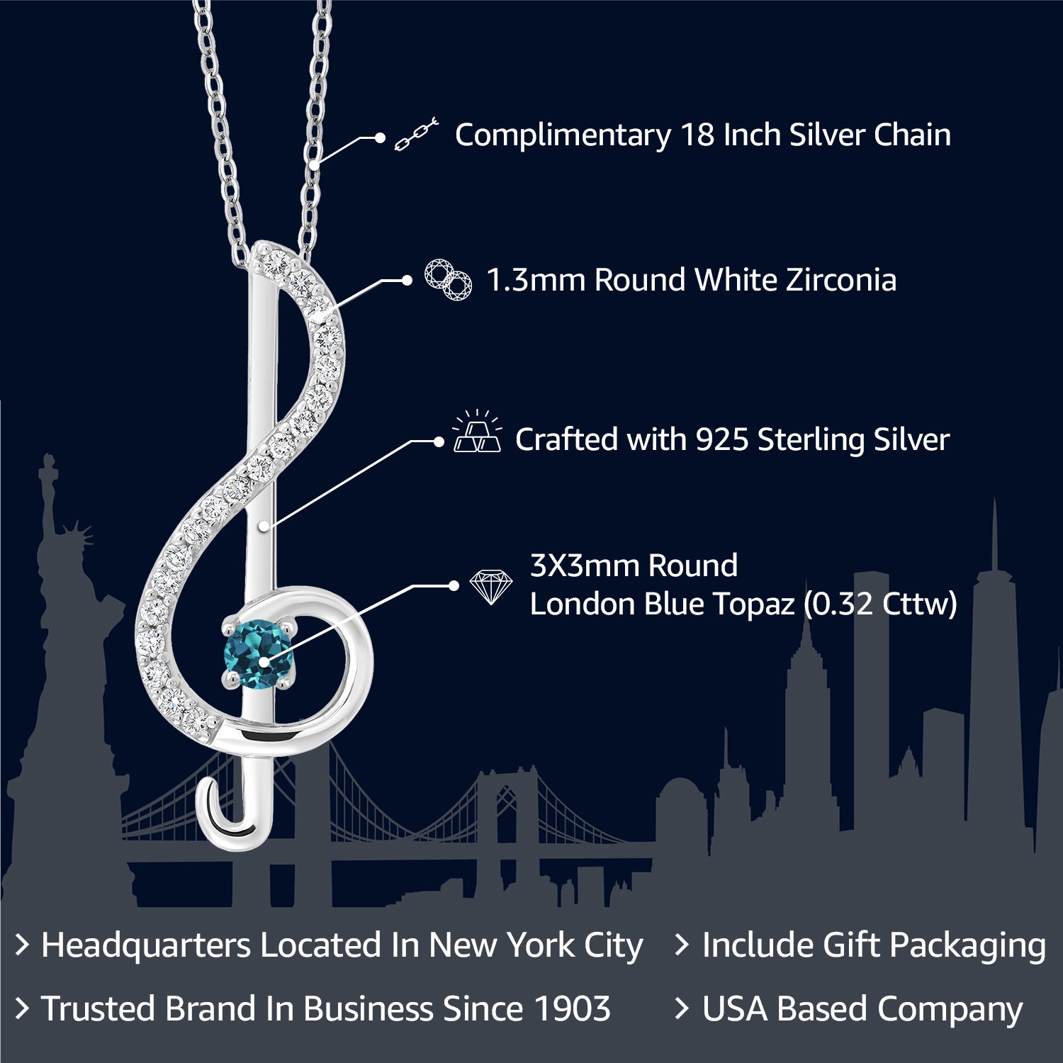 925 Sterling Silver London Blue Topaz Treble Clef Pendant Necklace Music Note Jewelry Gift For Women By Keren Hanan (0.32 Cttw, with 18 Inch Silver Chain)