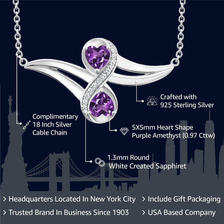 925 Sterling Silver Purple Amethyst and White Created Sapphire Two Heart Infinity Pendant Necklace For Women (0.97 Cttw, Heart 5MM, with 18 Inch Silver Chain)