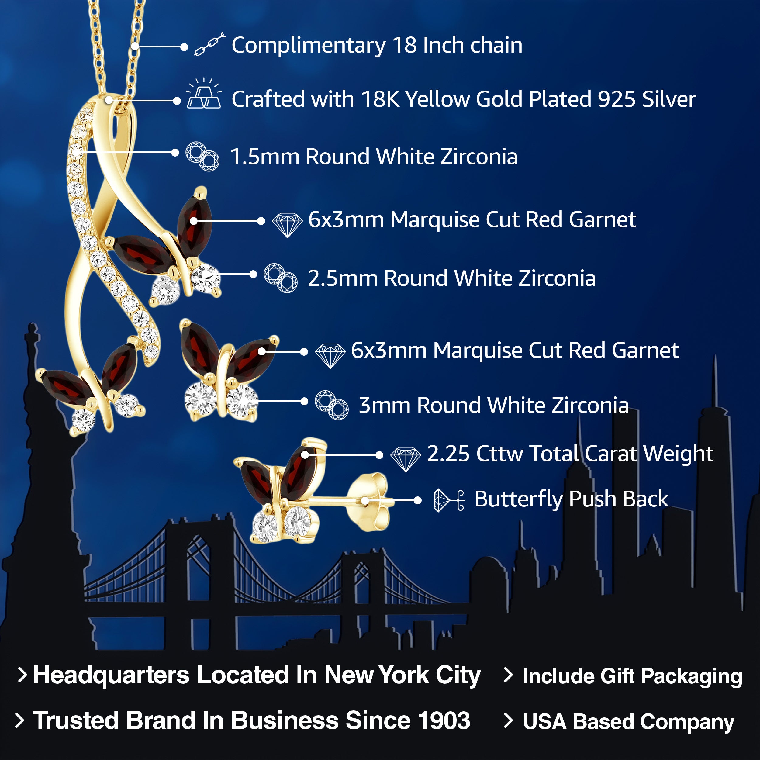 Pendant Earrings Set in 925 Yellow Gold Plated Silver