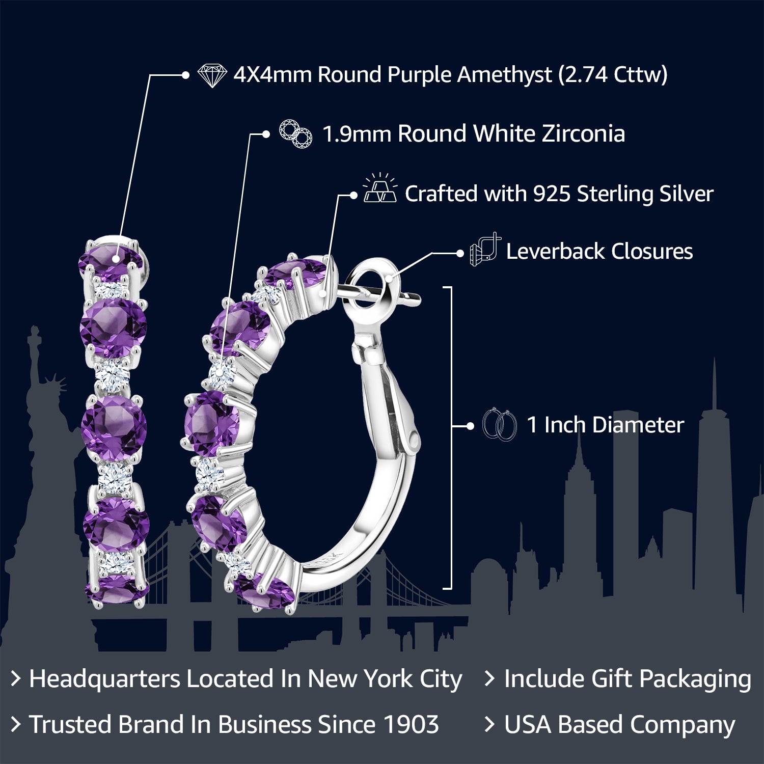 925 Sterling Silver Purple Amethyst and White Zirconia Hoop Earrings For Women (2.74 Cttw, Round 4MM and 1.9MM, Gemstone Birthstone 1 Inch Diameter)