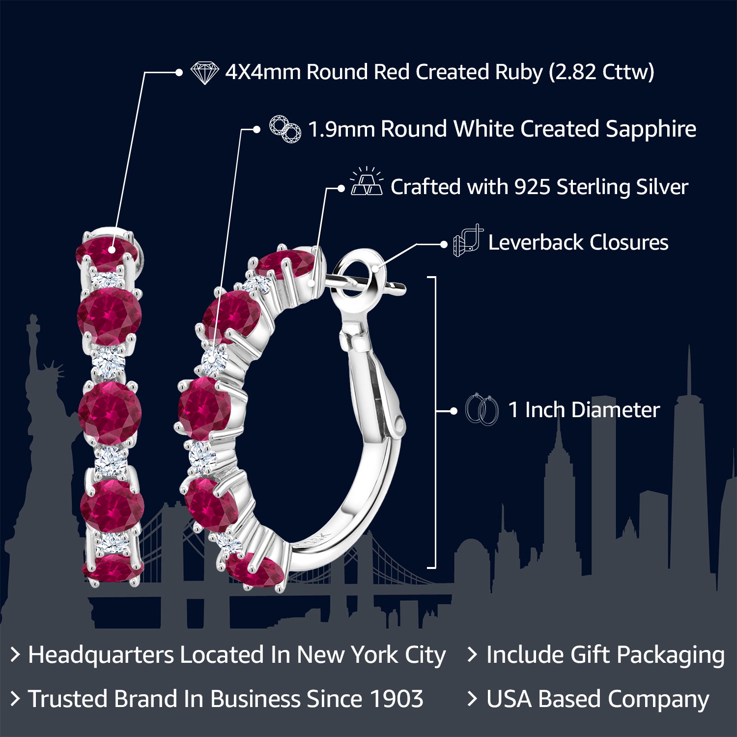 925 Sterling Silver Red Created Ruby and White Created Sapphire Hoop Earrings For Women (2.82 Cttw, Round 4MM and 1.9MM, Gemstone Birthstone 1 Inch Diameter)