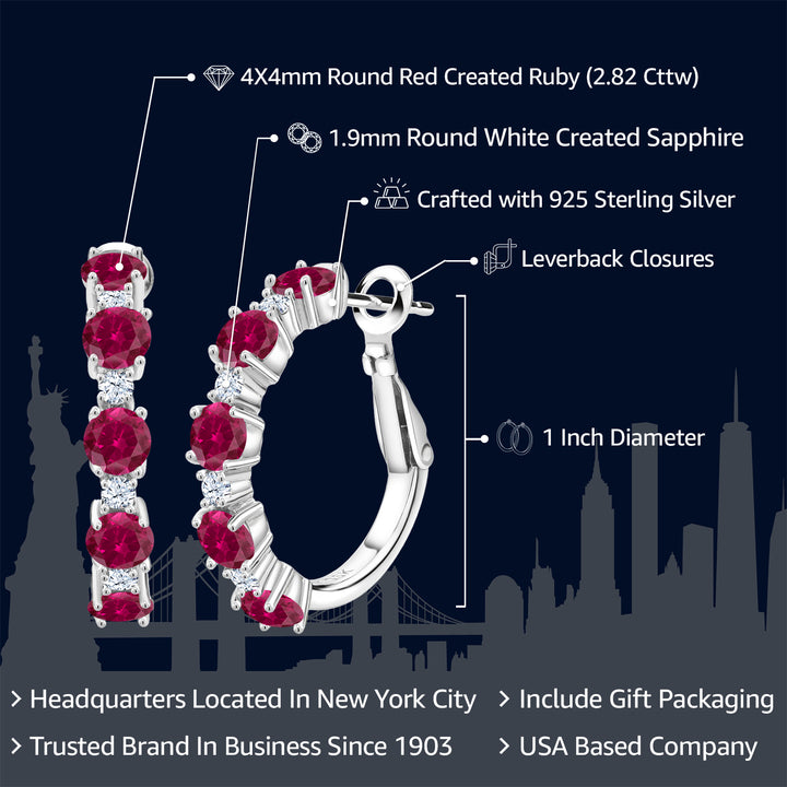 925 Sterling Silver Red Created Ruby and White Created Sapphire Hoop Earrings For Women (2.82 Cttw, Round 4MM and 1.9MM, Gemstone Birthstone 1 Inch Diameter)