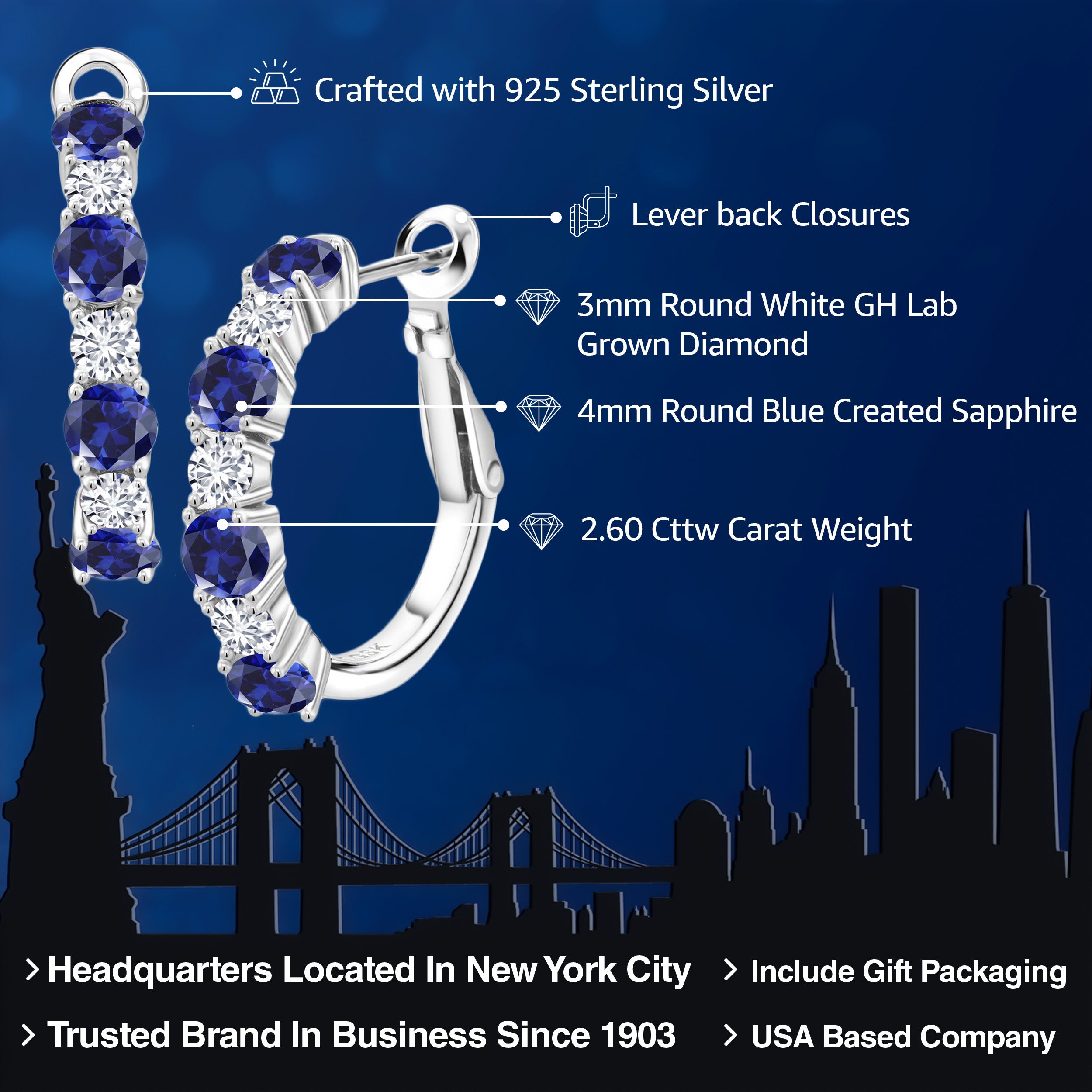 925 Sterling Silver Blue Created Sapphire and White Lab Grown Diamond Hoop Earrings For Women (2.60 Cttw, Gemstone September Birthstone, Round 4MM and 3MM)