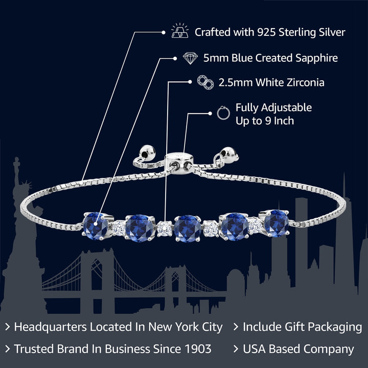 925 Sterling Silver Round Blue Created Sapphire Tennis Bracelet For Women (3.20 Cttw, Fully Adjustable Up to 9 Inch)