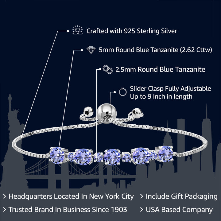 2.62 Cttw Blue Tanzanite Tennis Bracelet For Women In 925 Sterling Silver | Gemstone Birthstone | Round 5MM and 2.5MM | Fully Adjustable Up to 9 Inch