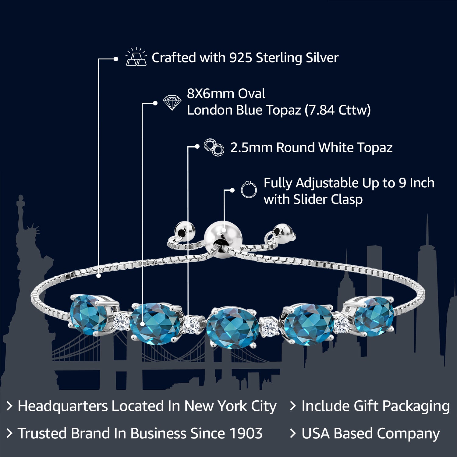 7.84 Cttw Oval London Blue Topaz and Round White Topaz Tennis Bracelet For Women In 925 Sterling Silver | Oval 8X6MM and Round 2.5MM | Fully Adjustable Up to 9 Inch