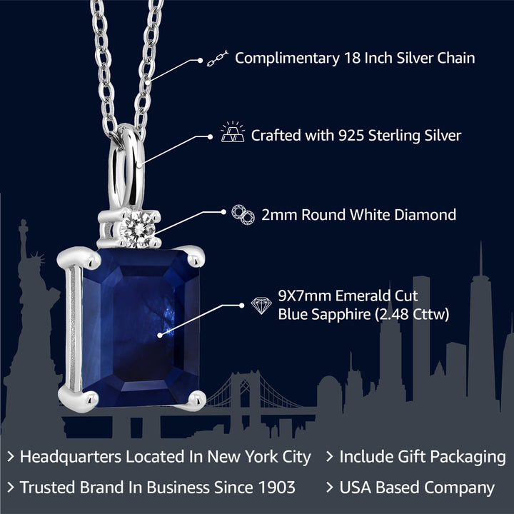 925 Sterling Silver Blue Sapphire and White Diamond Pendant Necklace For Women | 2.48 Cttw | Gemstone September Birthstone | Emerald Cut 9X7MM | With 18 Inch Silver Chain