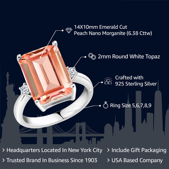 925 Sterling Silver Peach Nano Morganite and White Topaz Ring For Women (6.38 Cttw, Emerald Cut 14x10MM, Gemstone October Birthstone, Available In Size 5, 6, 7, 8, 9)