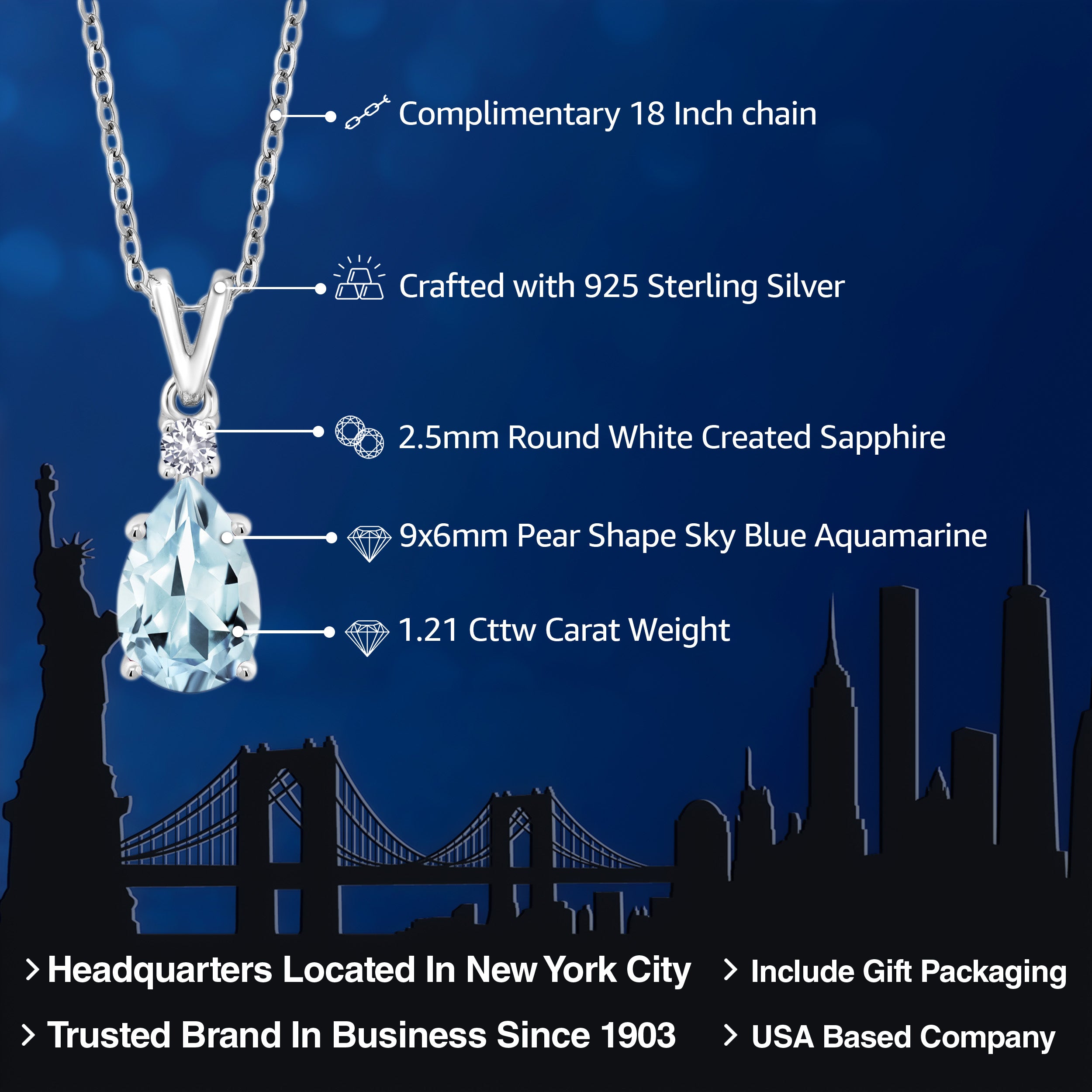 925 Sterling Silver Sky Blue Aquamarine and White Created Sapphire Pendant Necklace For Women (1.21 Cttw, Gemstone March Birthstone, Pear Shape 9X6MM, with 18 inch Chain)