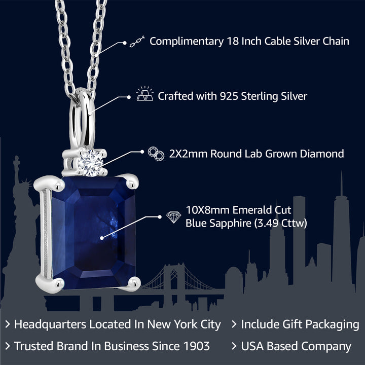 925 Silver Blue Sapphire and White Lab Grown Diamond Pendant Necklace For Women (3.49 Cttw, Gemstone September Birthstone, Emerald Cut 10X8MM with 18 Inch Silver Chain)