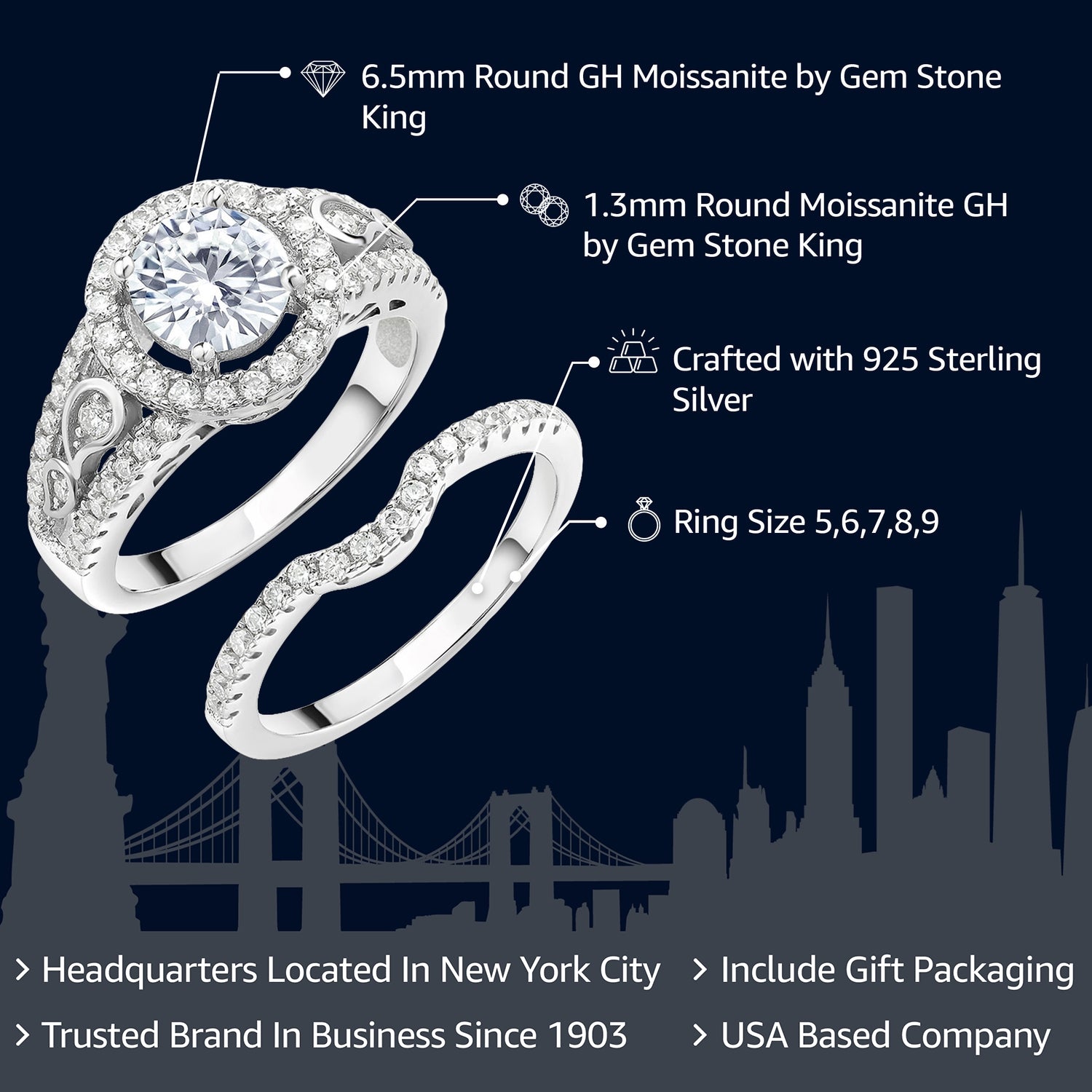 925 Sterling Silver Moissanite Women Wedding Engagement Ring Band Bridal Set (1.74 Cttw, Center 6.5MM, Available in size 5, 6, 7, 8, 9)