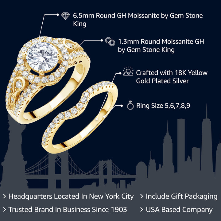 18K Yellow Gold Plated Silver Moissanite Women Wedding Engagement Ring Band Bridal Set (1.74 Cttw, Center 6.5MM, Available In Size 5, 6, 7, 8, 9)