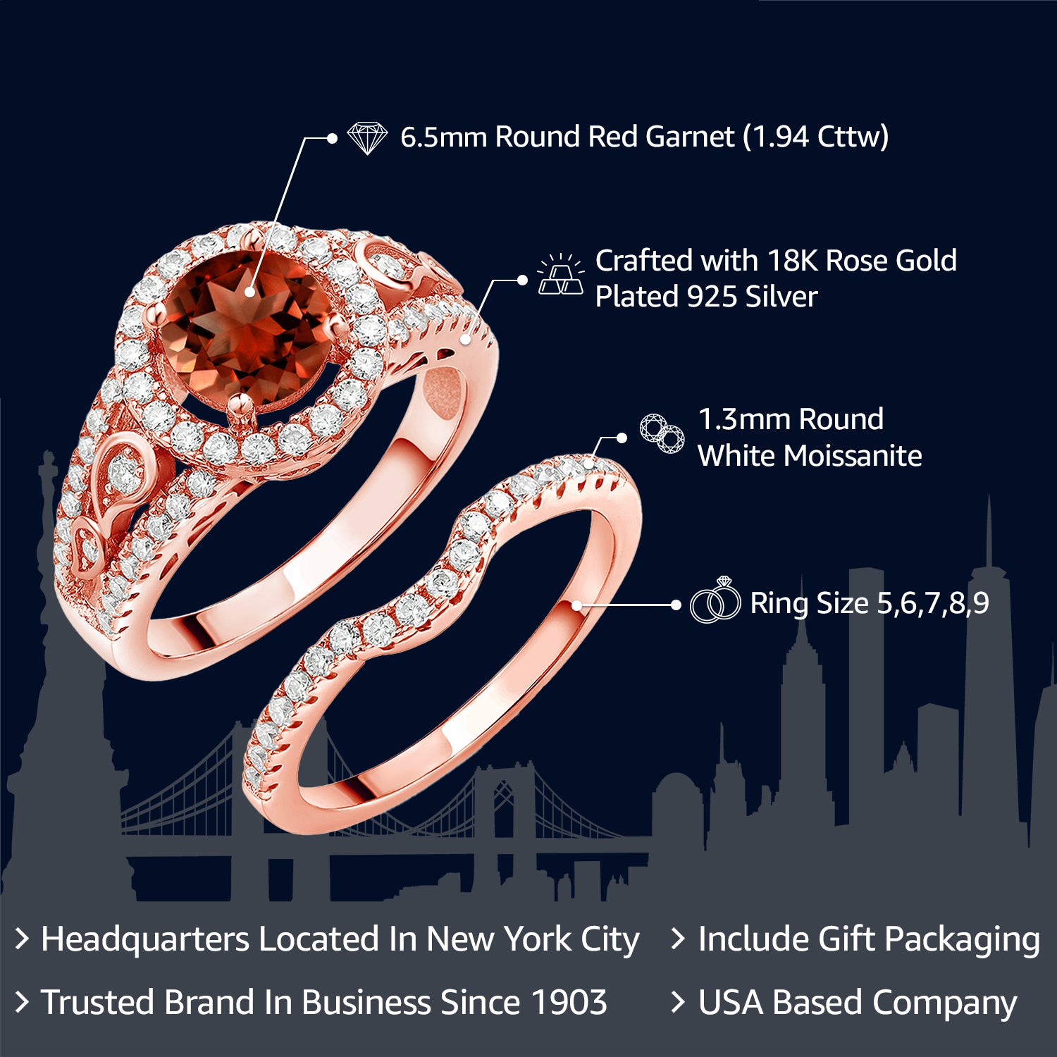 18K Rose Gold Plated Silver Red Garnet and White Moissanite Wedding Engagement Ring Band Bridal Set Ring For Women (1.94 Cttw, Gemstone Birthstone, Available In Size 5, 6, 7, 8, 9)