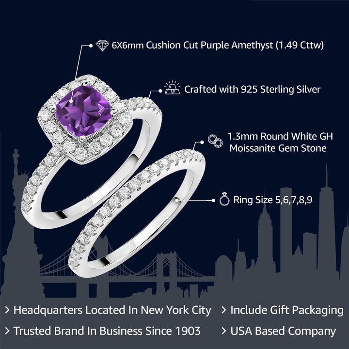 925 Sterling Silver Purple Amethyst and White Moissanite Wedding Engagement Ring Band Bridal Set For Women (1.49 Cttw, Cushion 6MM, Available In Size 5, 6, 7, 8, 9)