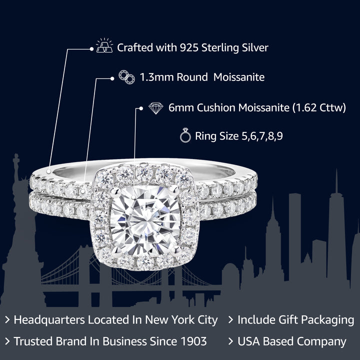 925 Sterling Silver Moissanite Women Wedding Engagement Ring Band Bridal Set (1.62 Cttw, Available in size 5, 6, 7, 8, 9)