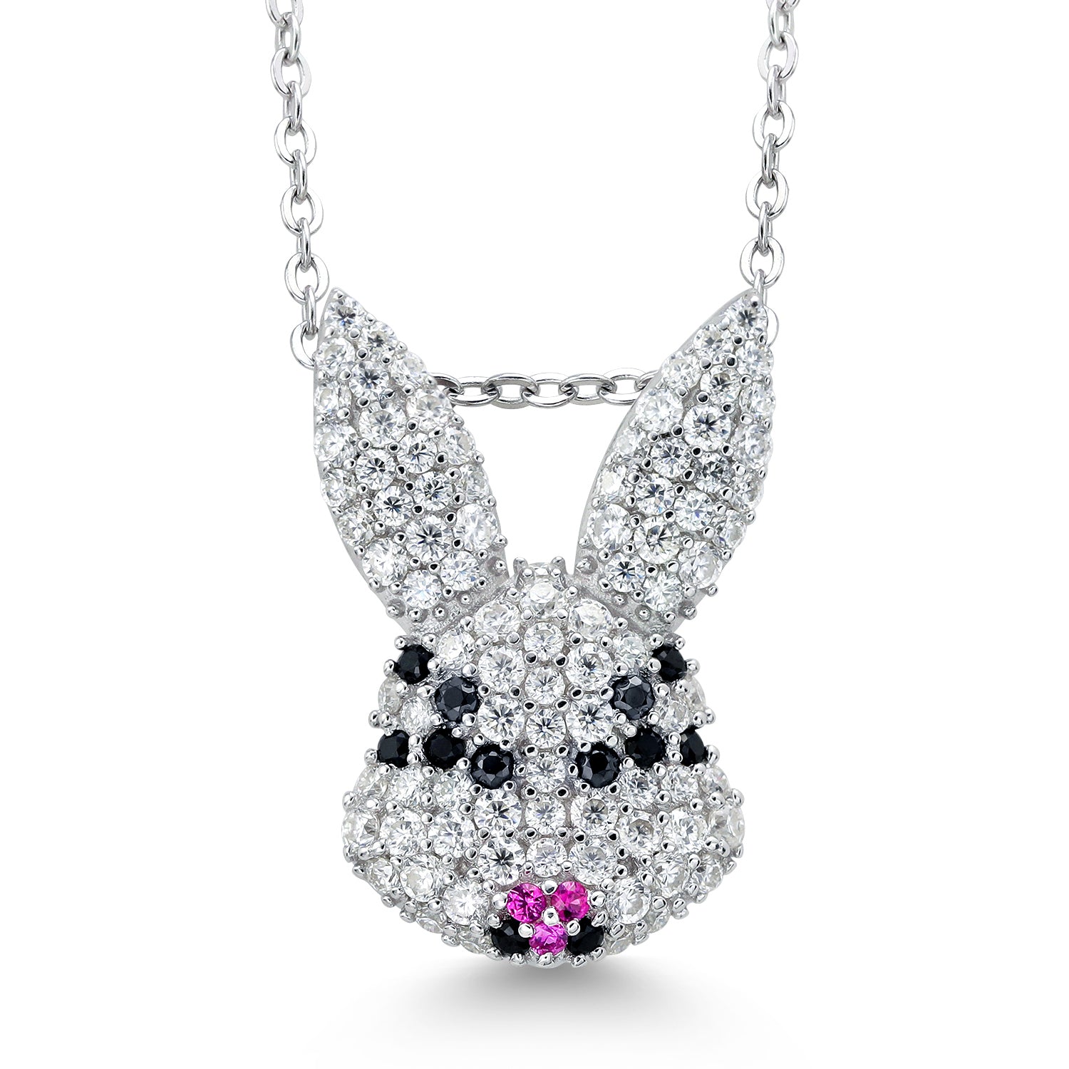 925 Sterling Silver Rabbit Bunny Animal White Moissanite Created Ruby and Black Spinel Pendant Necklace For Women Keren Hanan  (0.83 Cttw, 19X13MM, with 18 Inches Silver Chain)