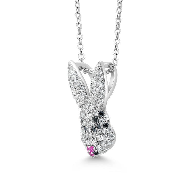 925 Sterling Silver Rabbit Bunny Animal White Moissanite Created Ruby and Black Spinel Pendant Necklace For Women Keren Hanan  (0.83 Cttw, 19X13MM, with 18 Inches Silver Chain)