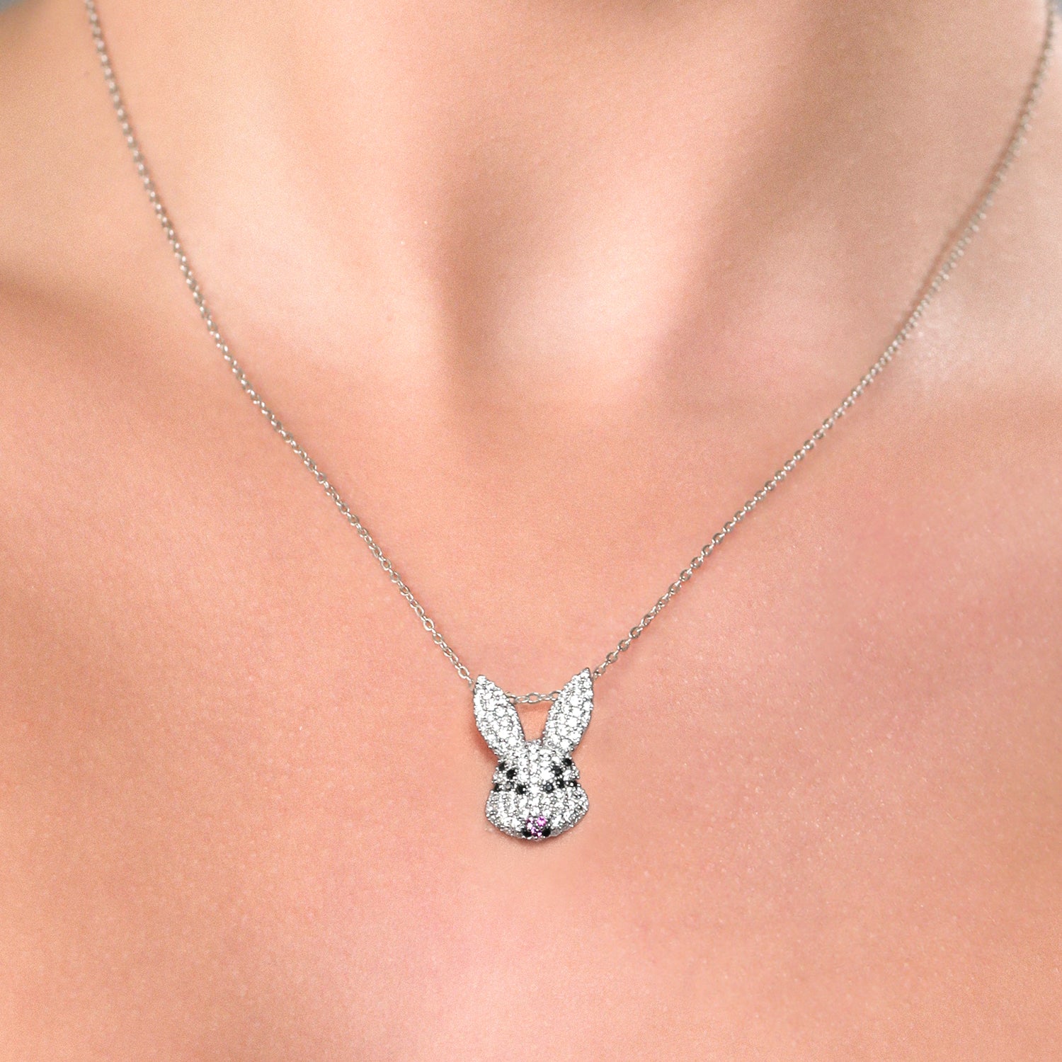 925 Sterling Silver Rabbit Bunny Animal White Moissanite Created Ruby and Black Spinel Pendant Necklace For Women Keren Hanan  (0.83 Cttw, 19X13MM, with 18 Inches Silver Chain)