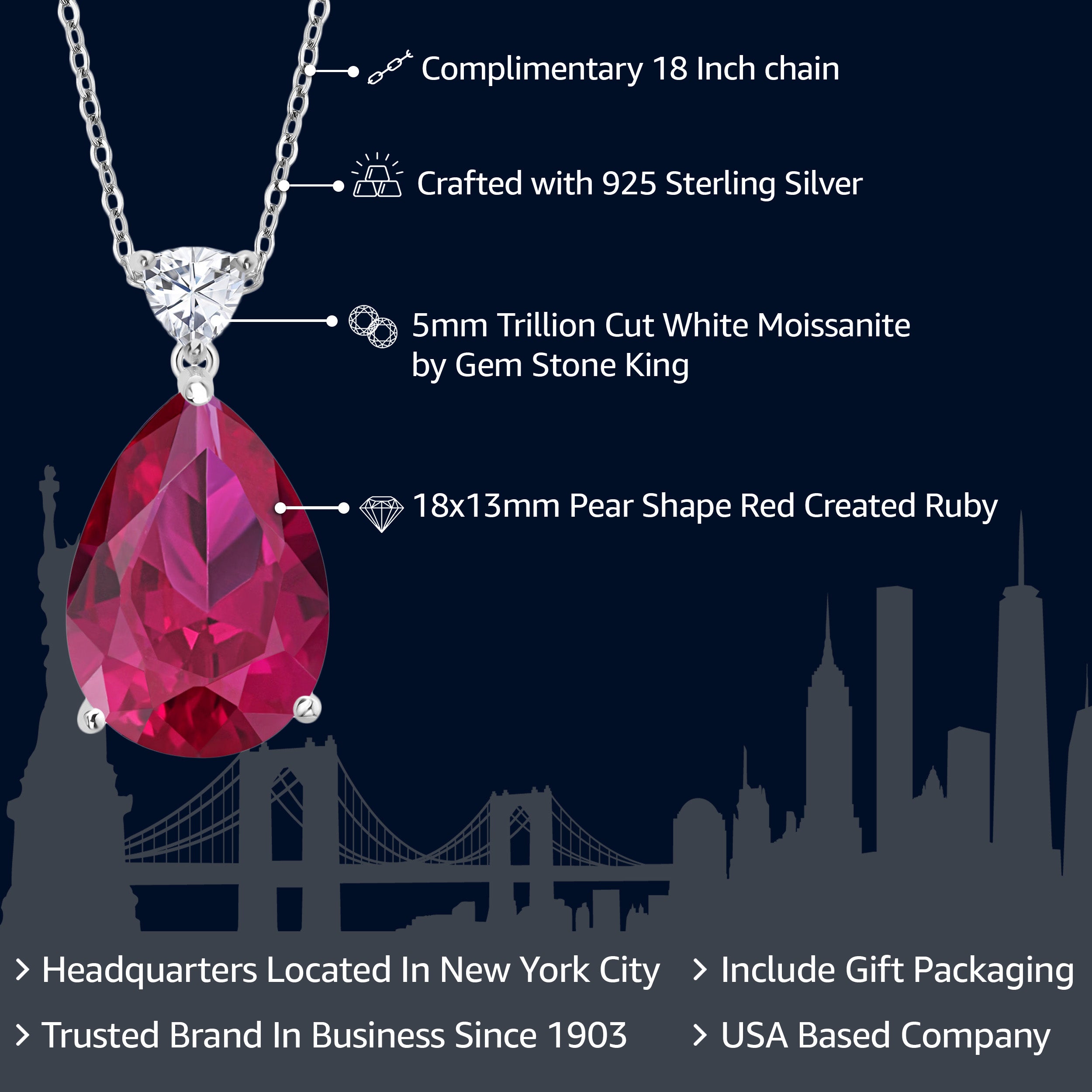 925 Sterling Silver Created Ruby and White Moissanite Pendant Necklace For Women (13.47 Cttw, Pear Shape 18X13MM, with 18 Inch Chain)