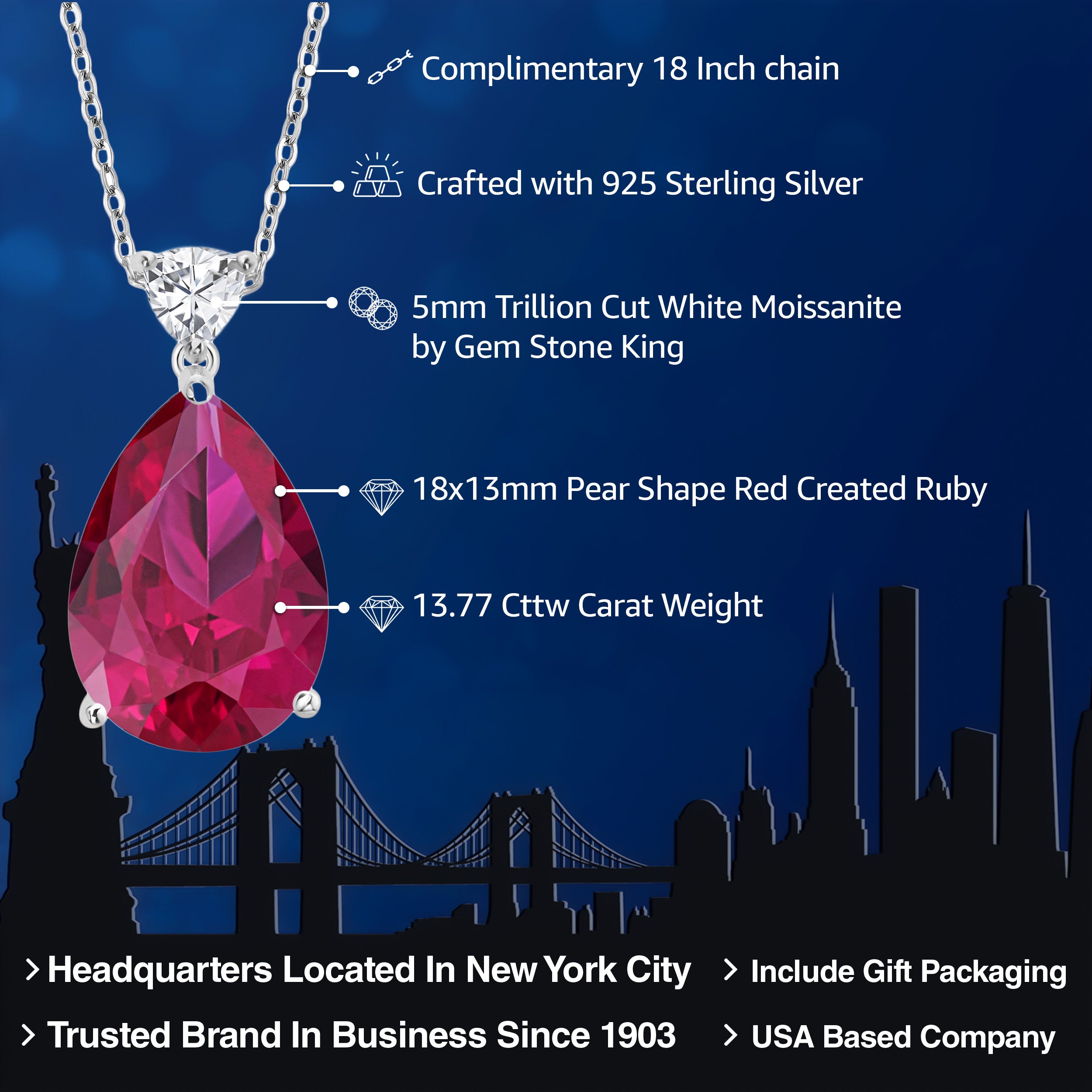 925 Sterling Silver Red Created Ruby Pendant Necklace For Women (13.77 Cttw, Pear Shape 18X13MM, with 18 Inch Chain)