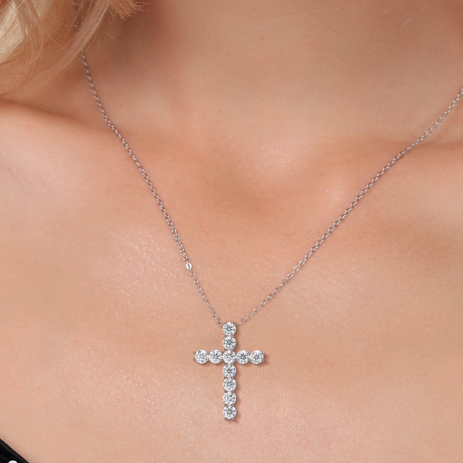 18K Yellow Gold Plated Silver White Round Moissanite Cross Pendant Necklace (1.76 Cttw, with 18 Inch Silver Chain, 1 Inch)