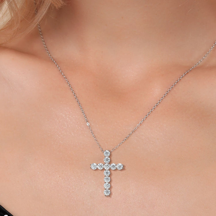 18K Yellow Gold Plated Silver White Round Moissanite Cross Pendant Necklace (1.76 Cttw, with 18 Inch Silver Chain, 1 Inch)