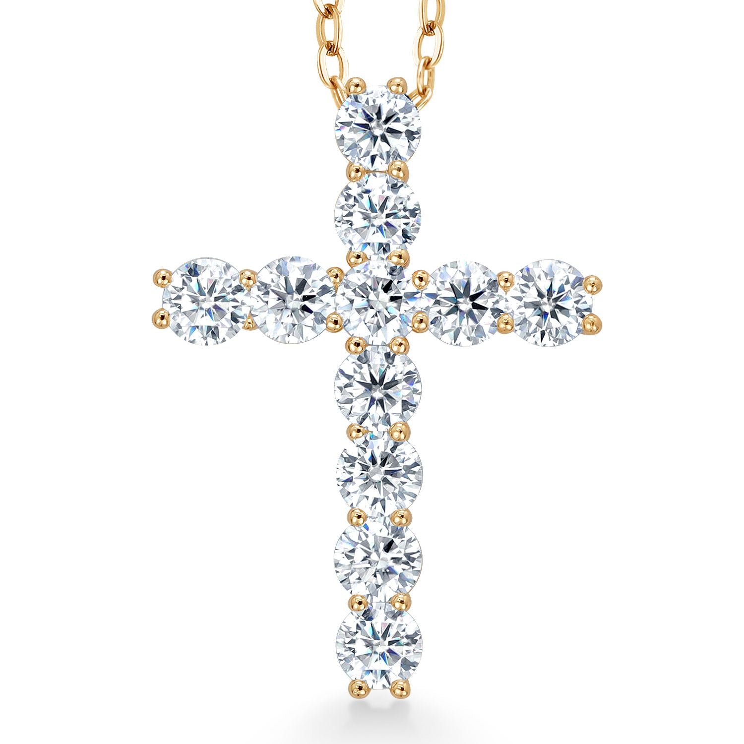 18K Yellow Gold Plated Silver White Round Moissanite Cross Pendant Necklace (1.76 Cttw, with 18 Inch Silver Chain, 1 Inch)