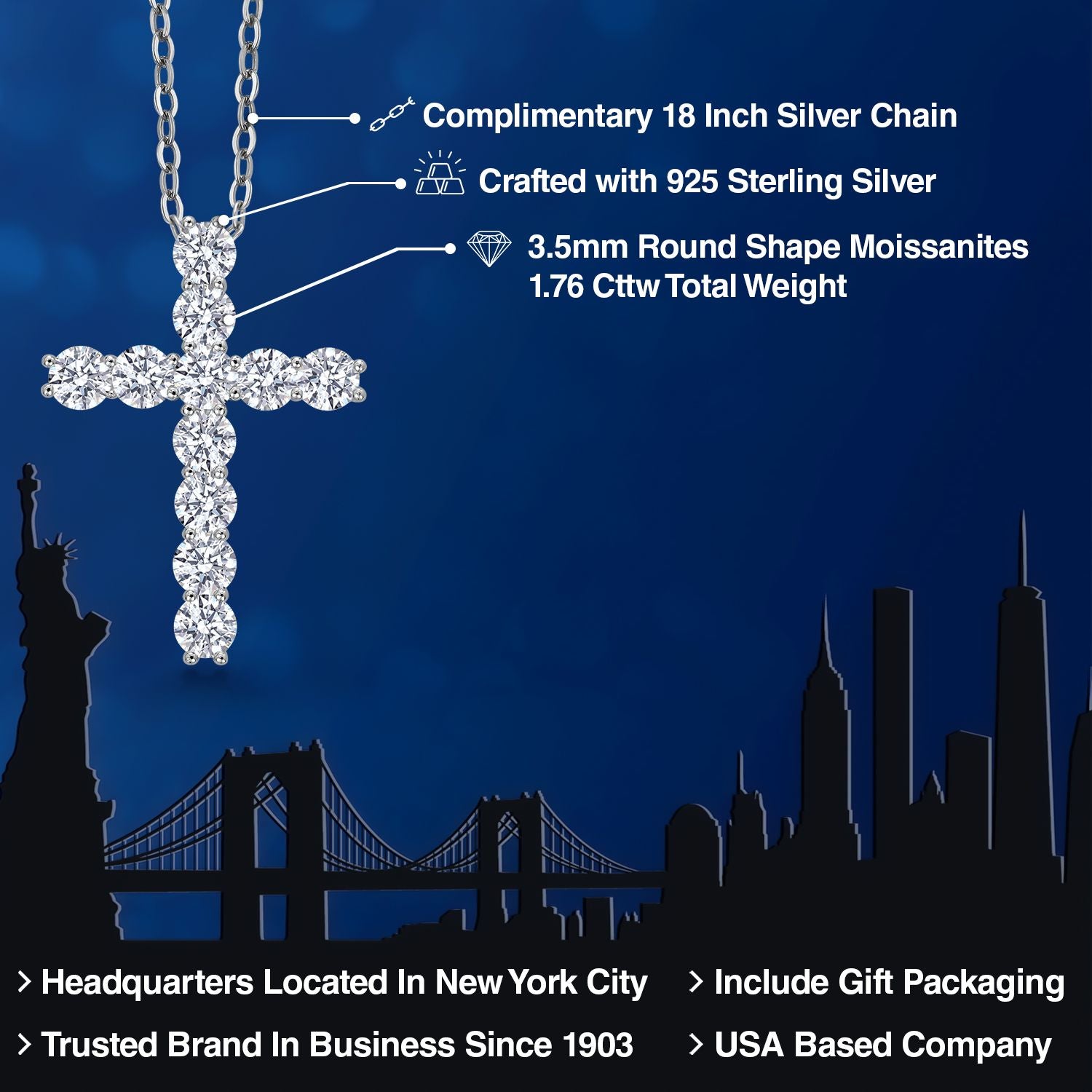Gem Stone King Moissanite Cross Necklace | 925 Sterling Silver | 1.76