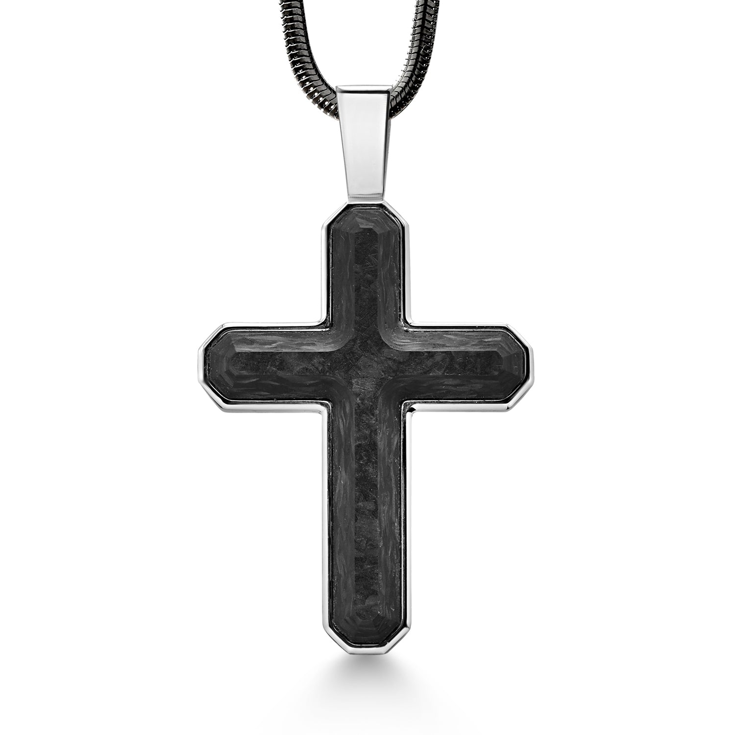 Men's Stainless Steel Black Carbon Fiber Inlay Cross Pendant Necklace (36X26MM, Comes with 24 Inch Snake Chain)