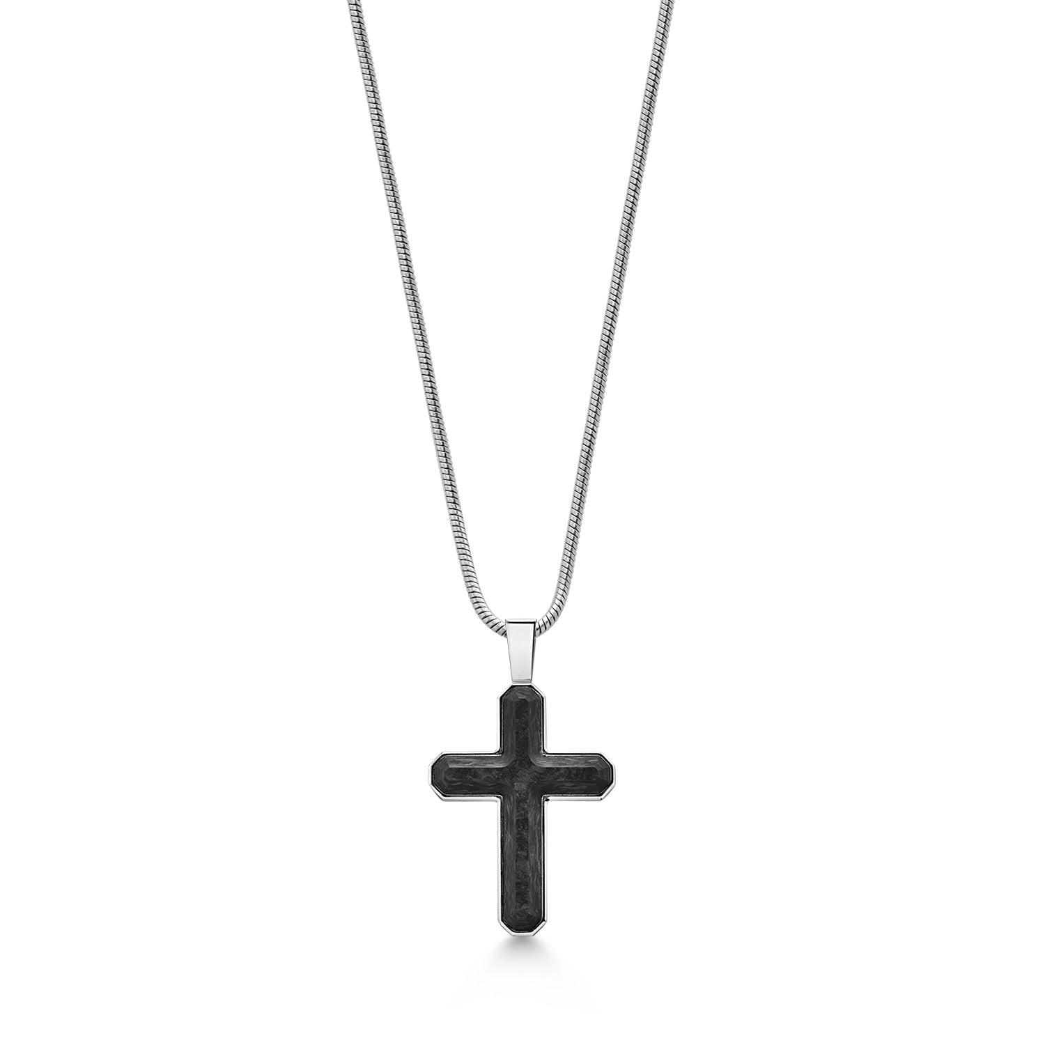 Men's Stainless Steel Black Carbon Fiber Inlay Cross Pendant Necklace (36X26MM, Comes with 24 Inch Snake Chain)