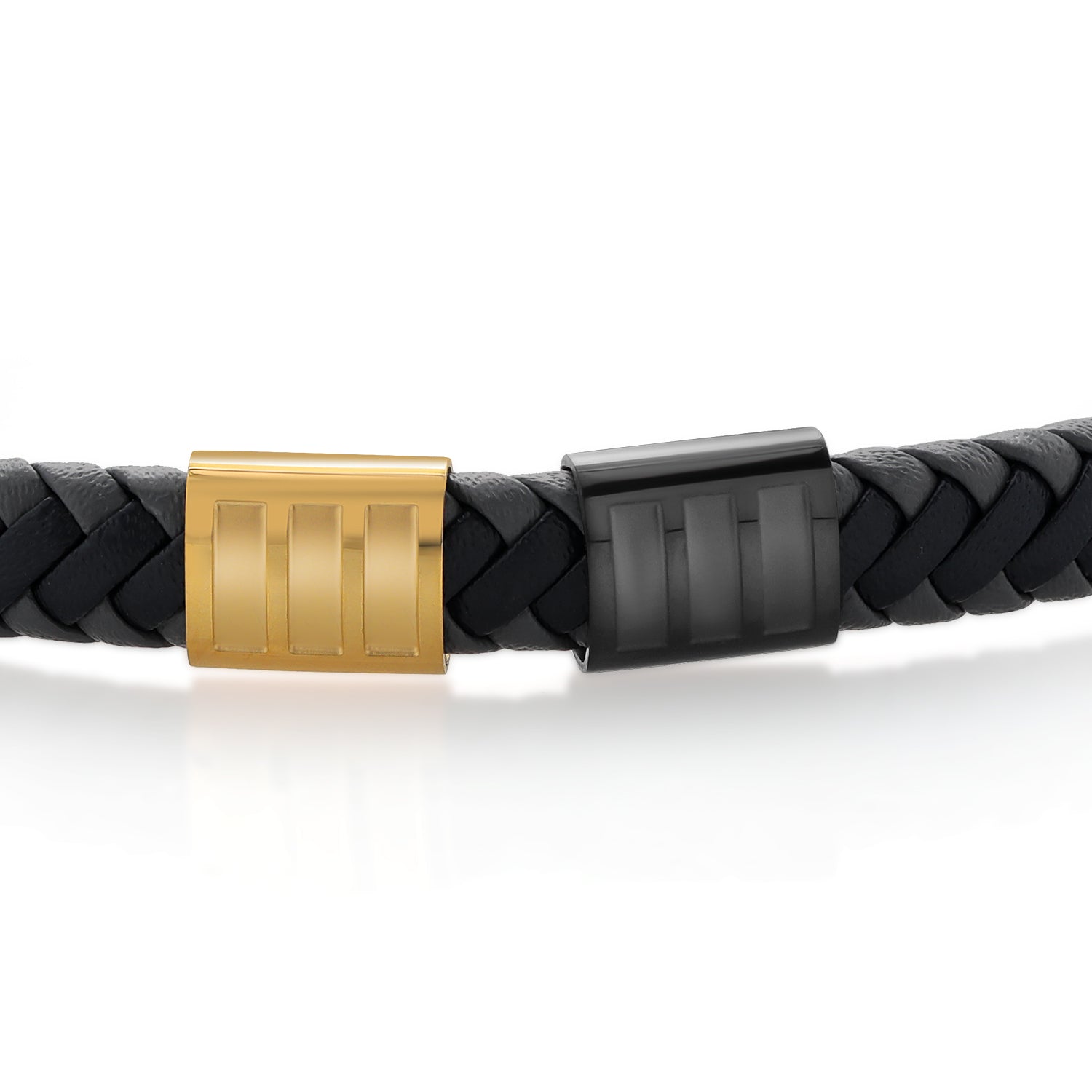 Men's Stainless Steel Gold Black Premium Genuine Leather Bracelet (8.25 Inch, 7.7MM Width)