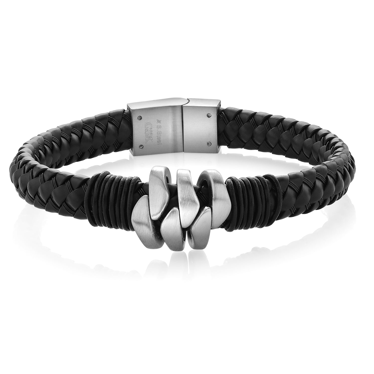 Men's Stainless Steel Abstract Genuine Leather Bracelet (8.5 Inch, 9.5MM Width)