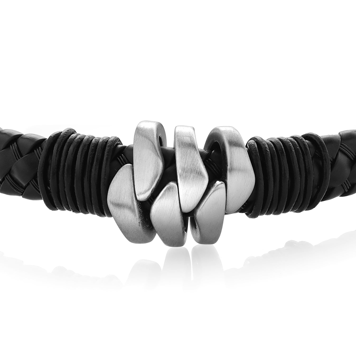 Men's Stainless Steel Abstract Genuine Leather Bracelet (8.5 Inch, 9.5MM Width)