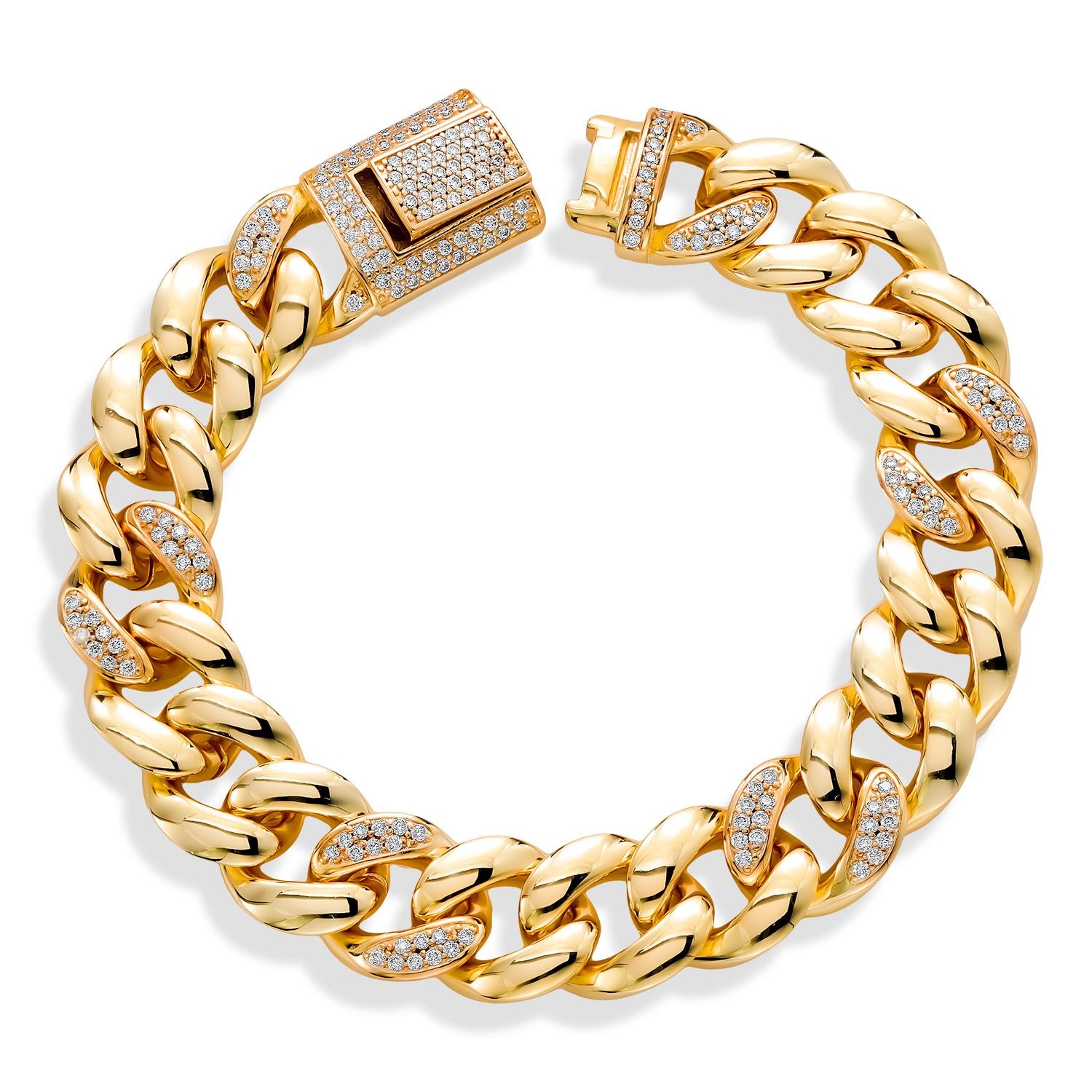 18K Yellow Gold Plated Curb Link Chain Moissanite Bracelet For Women (1.64 Cttw, 13MM Width, 6.5 Inch, 7 Inch and 7.5 inch)