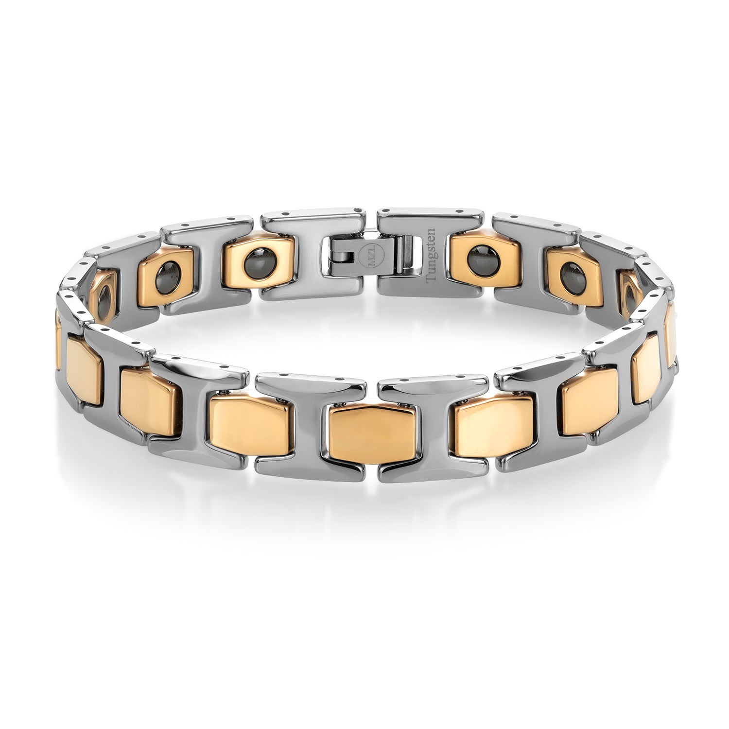 Men’s Solid Shiny Silver and Gold IP Shiny Polished Tungsten Link Bracelet 8.25 Inches in Length with Fold Over Safety Clasp