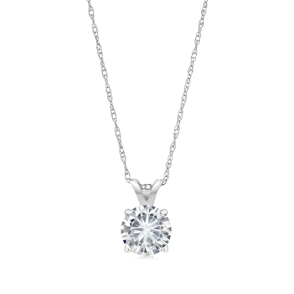 14K White Gold Forever Classic Moissanite Solitaire Pendant Necklace For Women (0.80 Cttw, Round 6MM, with 18 Inch Chain)