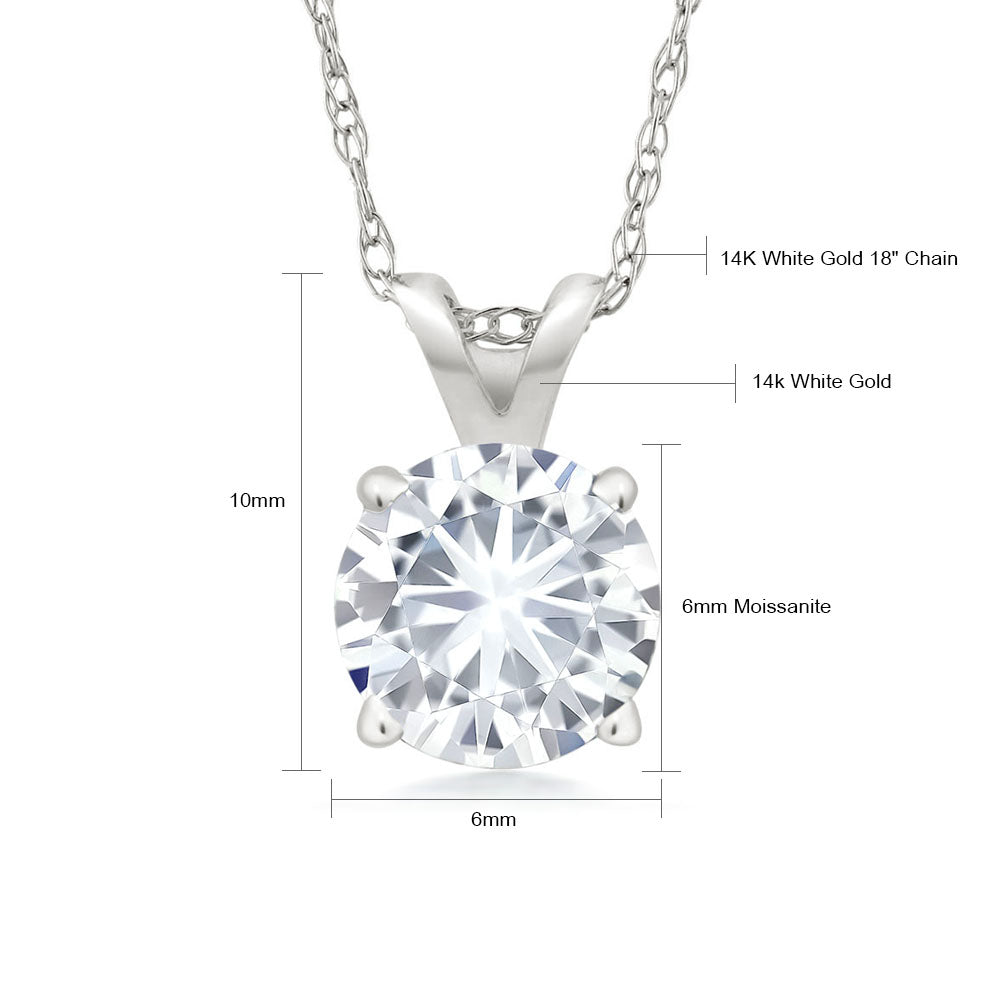 14K White Gold Forever Classic Moissanite Solitaire Pendant Necklace For Women (0.80 Cttw, Round 6MM, with 18 Inch Chain)