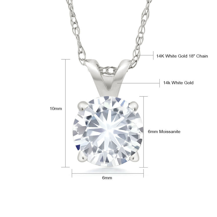 14K White Gold Forever Classic Moissanite Solitaire Pendant Necklace For Women (0.80 Cttw, Round 6MM, with 18 Inch Chain)