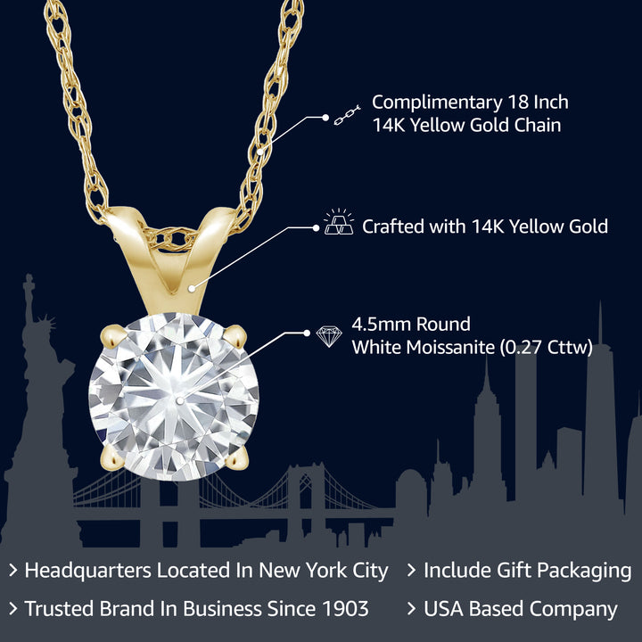 14K Yellow Gold White Moissanite Solitaire Pendant Necklace For Women (0.27 Cttw Round 4.5MM, with 18 inch Chain)