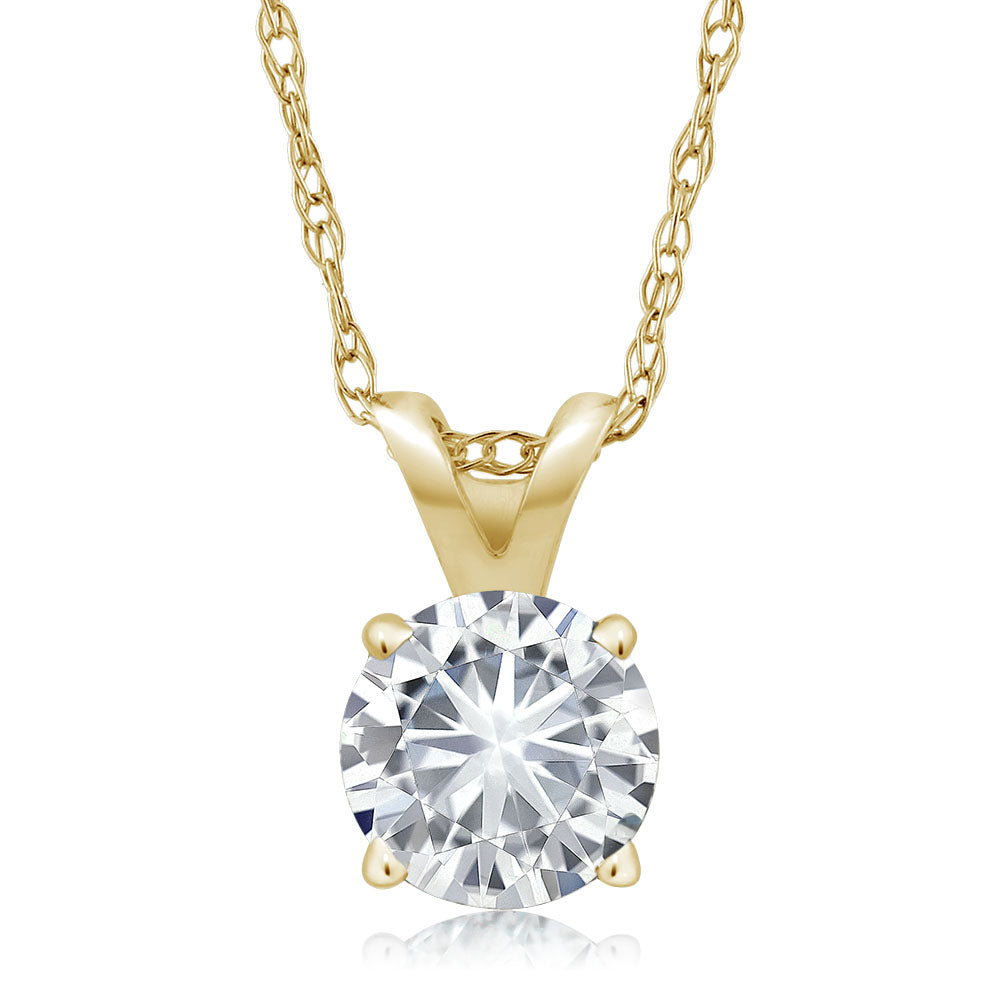 14K Yellow Gold White Moissanite Solitaire Pendant Necklace For Women (0.27 Cttw Round 4.5MM, with 18 inch Chain)