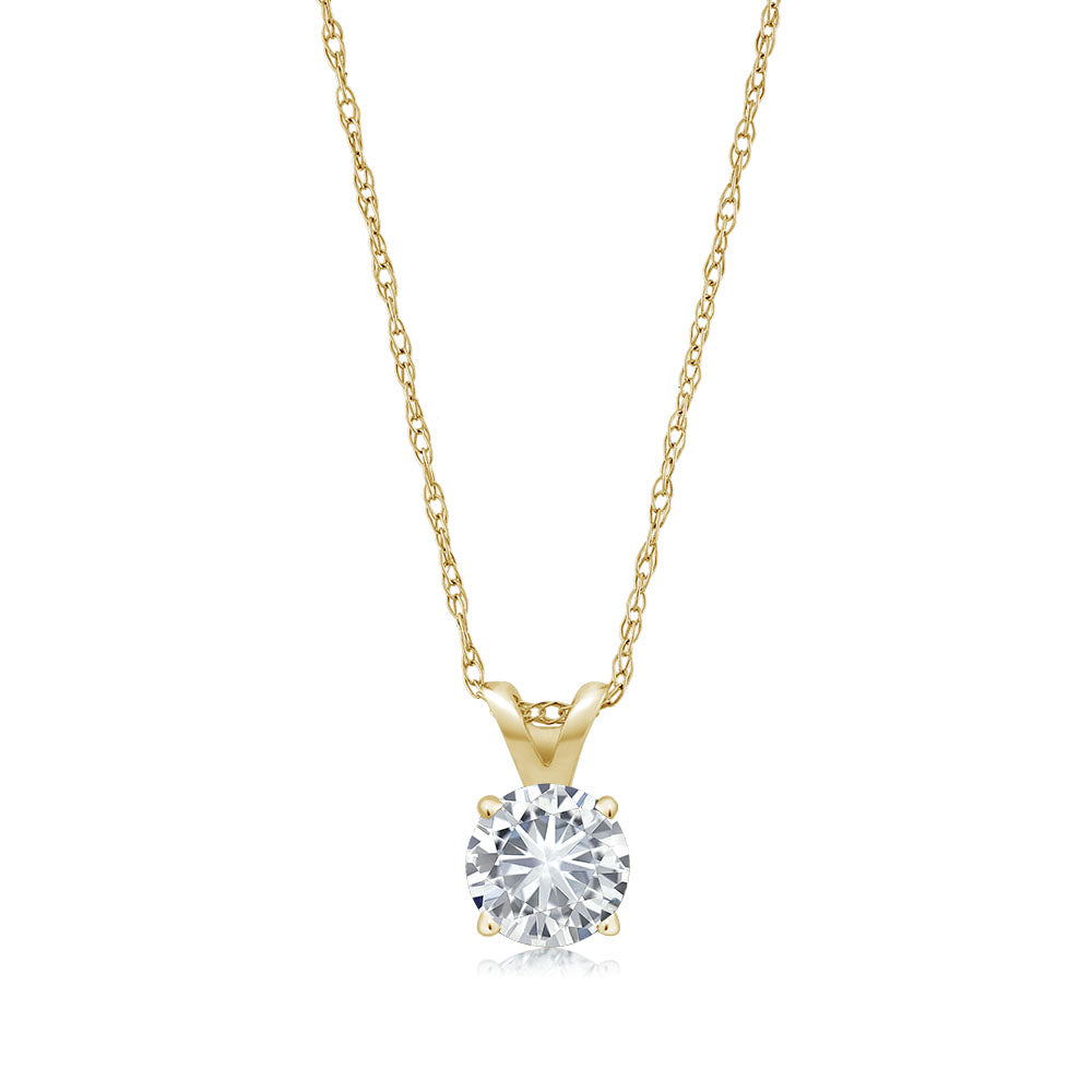 14K Yellow Gold White Moissanite Solitaire Pendant Necklace For Women (0.27 Cttw Round 4.5MM, with 18 inch Chain)