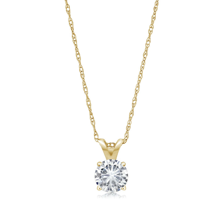 14K Yellow Gold White Moissanite Solitaire Pendant Necklace For Women (0.27 Cttw Round 4.5MM, with 18 inch Chain)