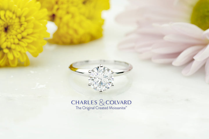 14K White Gold Forever Classic Moissanite from Charles & Colvard Solitaire Engagement Ring For Women (0.80 Cttw, Round 6MM, Available In Size 5,6,7,8,9)