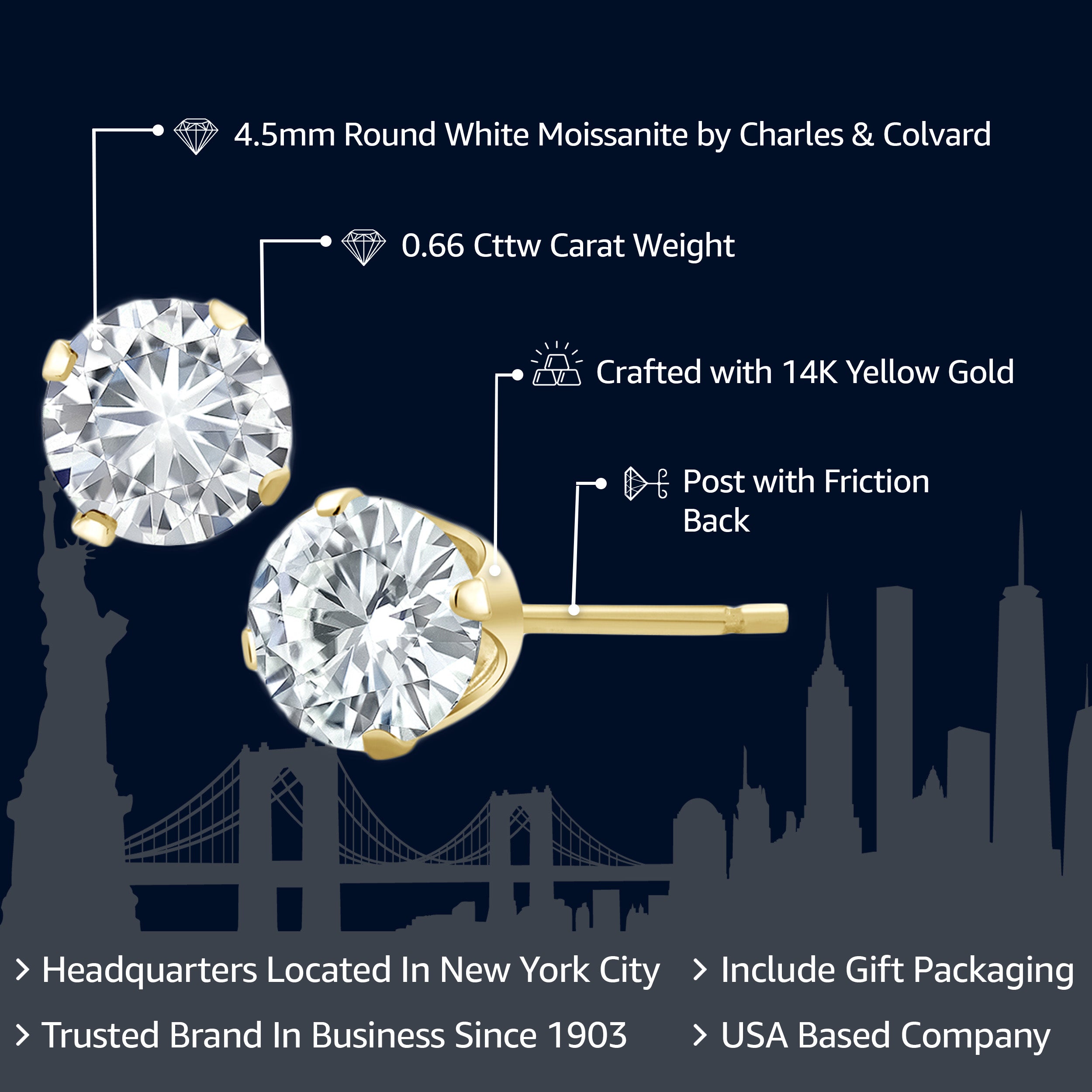 14K Yellow Gold White Moissanite from Charles & Colvard Stud Earrings For Women Men | 0.66 Cttw |  Round 4.5MM | Gold Earrings For Women Men